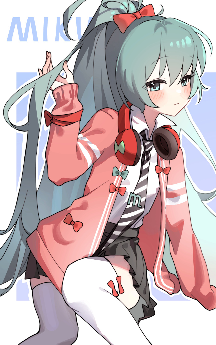 1girl absurdres blue_eyes blue_hair blush bow cardigan character_name collared_shirt elma07 hair_bow hatsune_miku headphones headphones_around_neck highres long_hair long_sleeves looking_at_viewer necktie ponytail project_diva_(series) ribbon_girl_(module) shirt skirt solo striped_necktie thighhighs tie_clip very_long_hair vocaloid