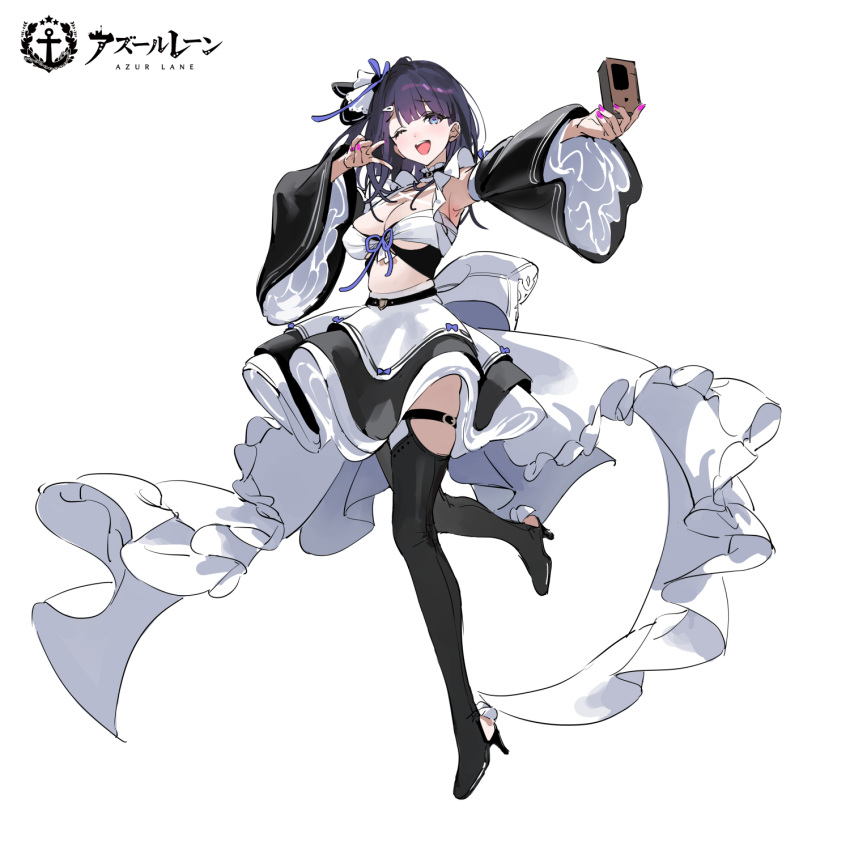 1girl \m/ azur_lane black_skirt black_thighhighs breasts cellphone dsmile full_body highres holding holding_phone large_breasts liverpool_(azur_lane) long_sleeves looking_at_viewer official_art one_eye_closed outstretched_arm phone promotional_art purple_hair royal_navy_emblem_(azur_lane) skirt smartphone solo thigh_strap thighhighs two-tone_skirt white_skirt wide_sleeves