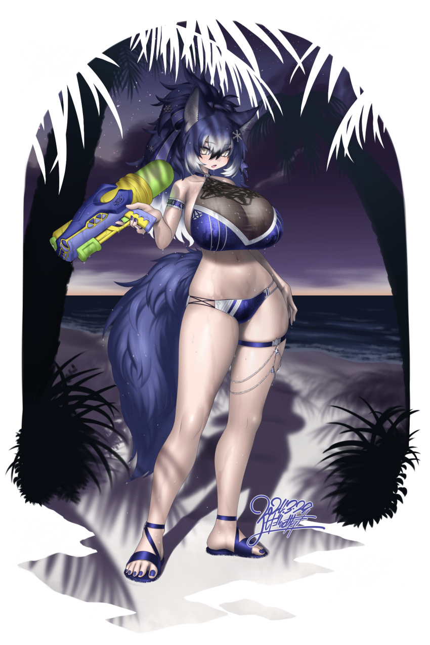1girl alternate_breast_size alternate_hairstyle animal_ears arm_at_side armband beach bikini black_hair breasts dated dire_wolf_(kemono_friends) fang fingernails full_body hair_between_eyes hair_ornament hand_up highres holding holding_water_gun horizon huge_breasts impossible_clothes impossible_swimsuit jewelry kemono_friends kemono_friends_v_project legs_apart long_hair looking_at_viewer multicolored_hair nail_polish navel ocean open_mouth purple_bikini purple_hair purple_nails reaching reaching_towards_viewer sand sandals sky solo standing star_(sky) starry_sky stomach swimsuit tail thigh_strap toenails toes twilight virtual_youtuber water water_gun wet wet_clothes wet_face wet_hair white_hair wolf_ears wolf_girl wolf_tail yellow_eyes yoshida_hideyuki