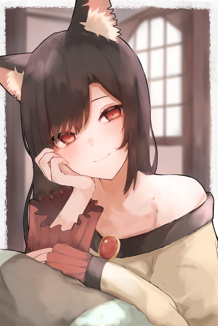 1girl absurdres animal_ears blush brooch brown_hair dress fang head_on_hand head_tilt highres imaizumi_kagerou indoors jewelry light_smile long_hair long_sleeves looking_at_viewer pollux368 red_eyes solo touhou white_dress window wolf_ears wolf_girl