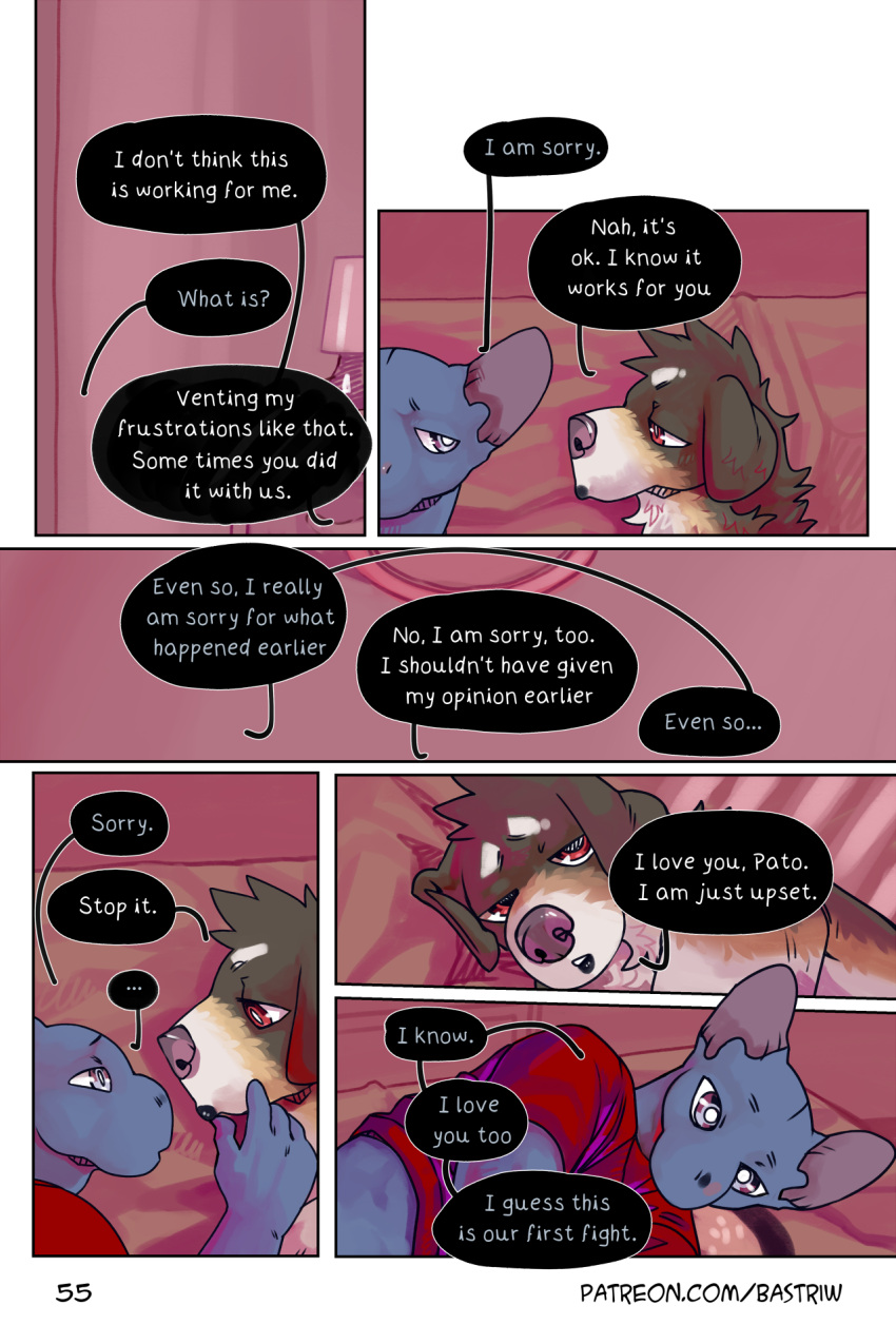 bastriw bed brown_eyes canid canine canis clothed clothing comic dialogue domestic_cat domestic_dog duo eye_contact felid feline felis fernando_(bastriw) furniture hi_res looking_at_another male mammal muscular muscular_male partially_clothed pato_(bastriw) purple_eyes romantic romantic_couple text