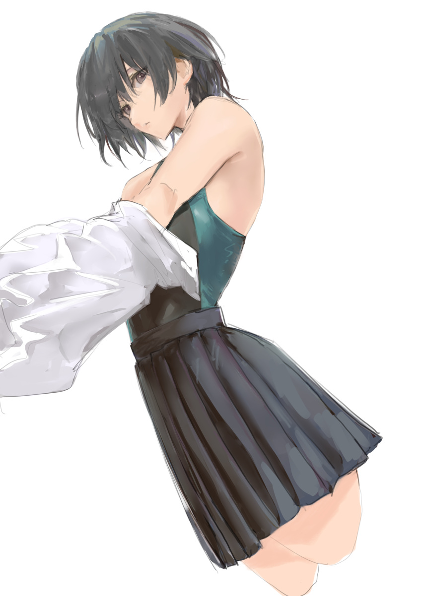 1girl absurdres amagami black_eyes black_hair black_one-piece_swimsuit black_skirt closed_mouth competition_swimsuit highres looking_at_viewer nanasaki_ai one-piece_swimsuit pleated_skirt shirt simple_background skirt solo swimsuit swimsuit_under_clothes takashi_(cry_191) undressing white_background white_shirt