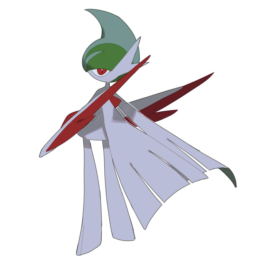 1boy arm_blade cape colored_skin from_behind gallade green_hair highres looking_at_viewer looking_back medium_hair mega_gallade multicolored_skin pokemon pokemon_(creature) red_eyes red_skin simple_background v_(govvvvw) weapon white_background white_cape white_skin