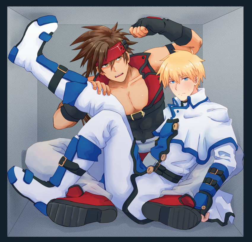 2boys akipantarei_(akipa) belt blonde_hair blue_eyes blush brown_hair collarbone covered_abs fingerless_gloves gloves guilty_gear hair_between_eyes headband highres ky_kiske long_hair male_focus multiple_boys muscular muscular_male pectoral_cleavage pectorals ponytail short_hair sol_badguy spiked_hair trapped yellow_eyes