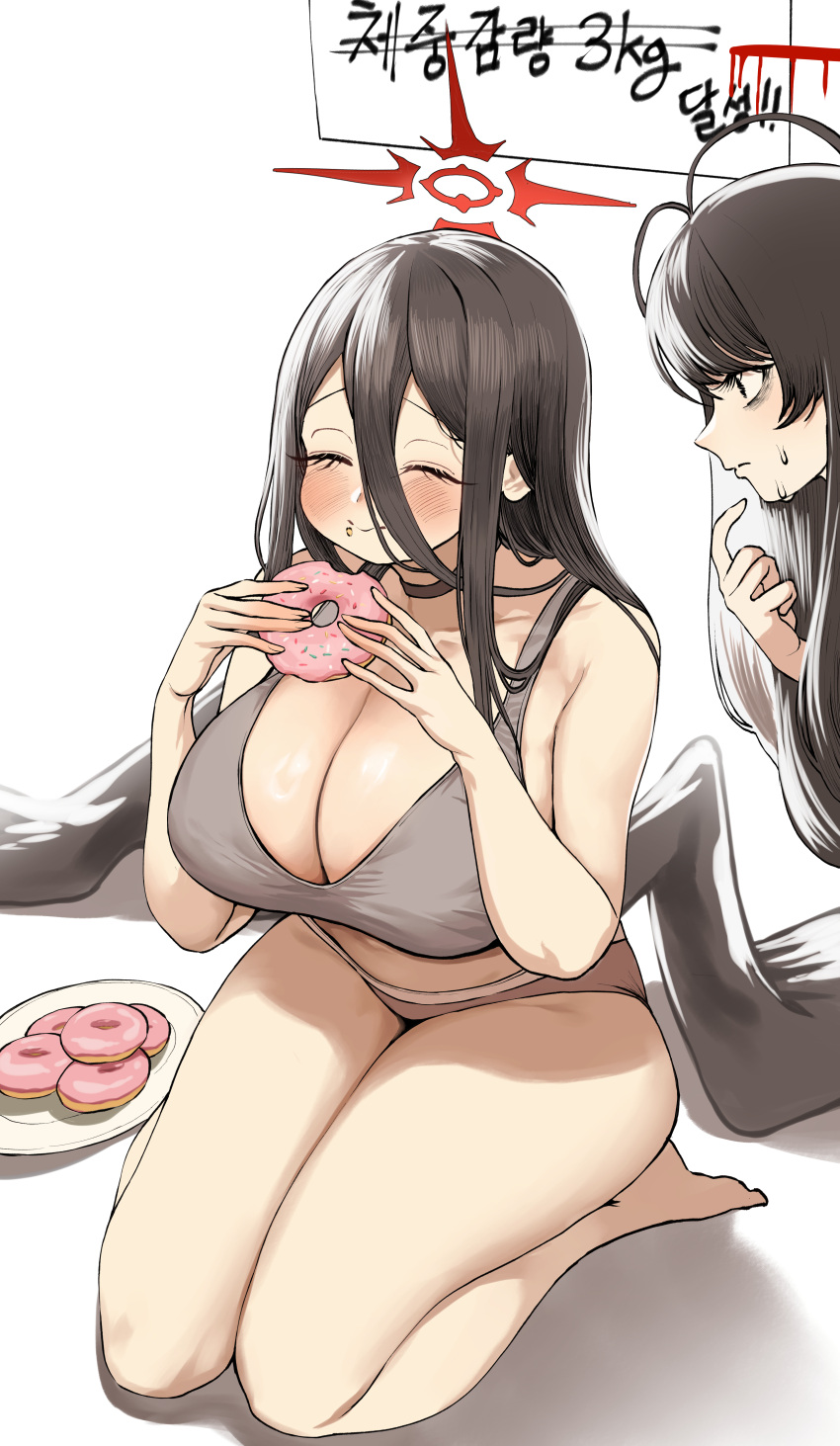 2girls absurdres black_choker black_hair black_wings blue_archive blush bra breasts choker chroong cleavage closed_mouth doughnut eating food full_body grey_bra grey_panties hair_between_eyes halo hasumi_(blue_archive) highres holding holding_clothes holding_doughnut holding_footwear korean_text large_breasts long_hair looking_at_another low_wings multiple_girls panties plate red_halo seiza simple_background sitting smile tsurugi_(blue_archive) underwear underwear_only white_background wings