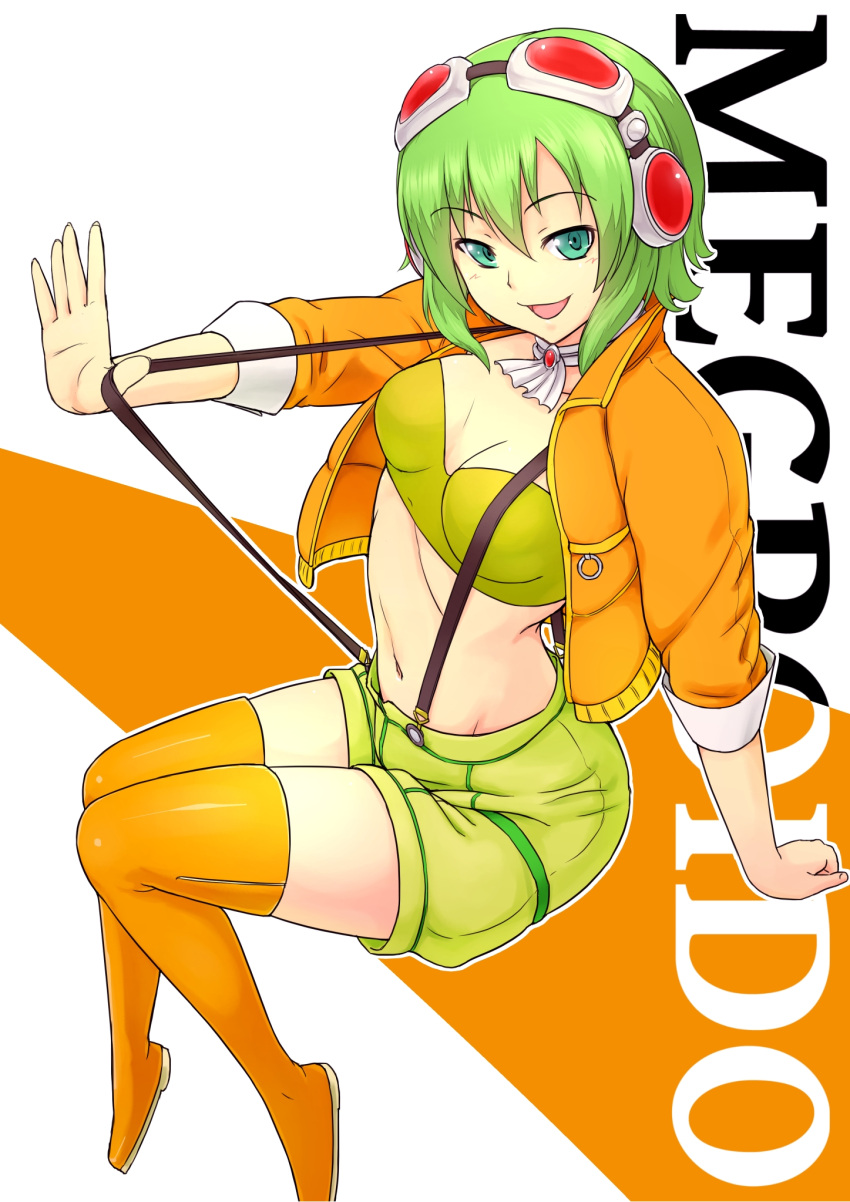 1girl :d ascot breasts cleavage earphones full_body goggles goggles_on_head green_eyes green_hair green_shorts gumi highres kakone looking_at_viewer navel open_mouth orange_background orange_thighhighs orange_vest red_goggles short_hair shorts smile solo thighhighs two-tone_background vest vocaloid white_ascot white_background