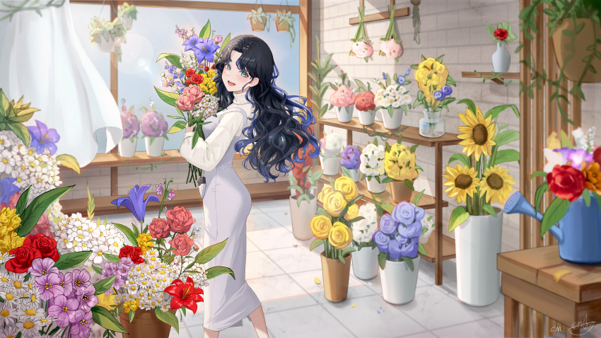 1girl absurdres aendi_en_d_endei black_hair blue_eyes blue_flower blue_hair blush bouquet curly_hair curtains dress florist flower flower_shop from_side hanging_plant highres holding holding_bouquet indoors light_particles light_rays long_hair looking_at_viewer looking_back multicolored_hair open_mouth orange_flower original pink_flower plant potted_plant purple_flower red_flower red_rose rose shelf shop signature solo standing sunflower sunlight sweater sweater_under_dress table two-tone_hair watering_can white_dress white_flower white_sweater window wooden_table yellow_flower