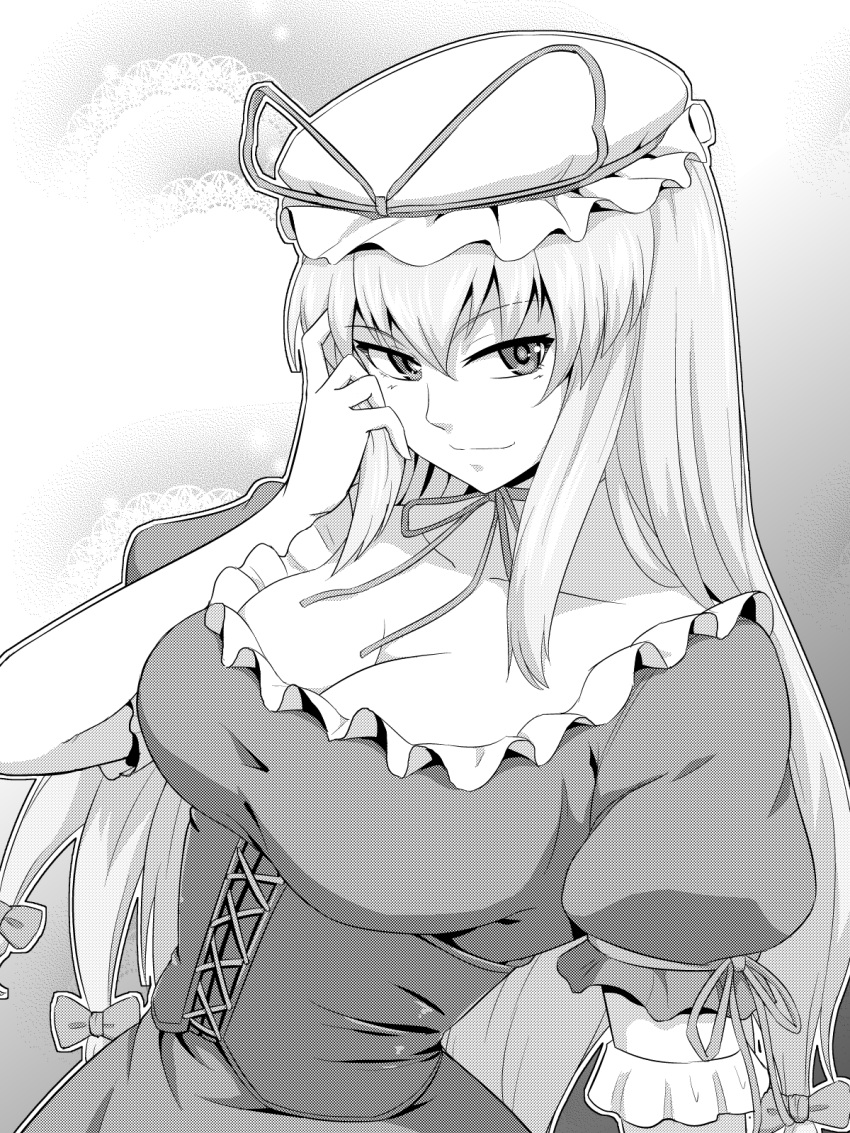 1girl breasts choker cleavage collarbone commentary_request greyscale hat hat_ribbon highres kakone large_breasts long_hair looking_at_viewer mob_cap monochrome ribbon short_sleeves solo touhou upper_body yakumo_yukari