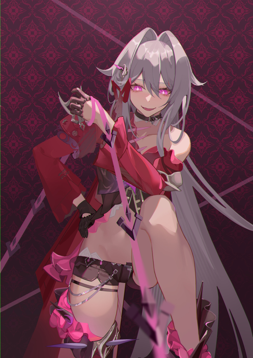 1girl absurdres anklet bare_shoulders belly black_choker black_gloves black_shorts blush bright_pupils choker comet_(user_fjsa4577) evil_smile gloves hair_ornament hair_ribbon hand_on_own_hip highres holding holding_string honkai_(series) honkai_impact_3rd jacket jewelry leg_up long_hair long_sleeves looking_down pantyhose purple_eyes red_background red_jacket ribbon ribbon_hair_ornament shorts simple_background single_bare_leg single_glove smile string thelema_(honkai_impact) very_long_hair white_hair white_pupils