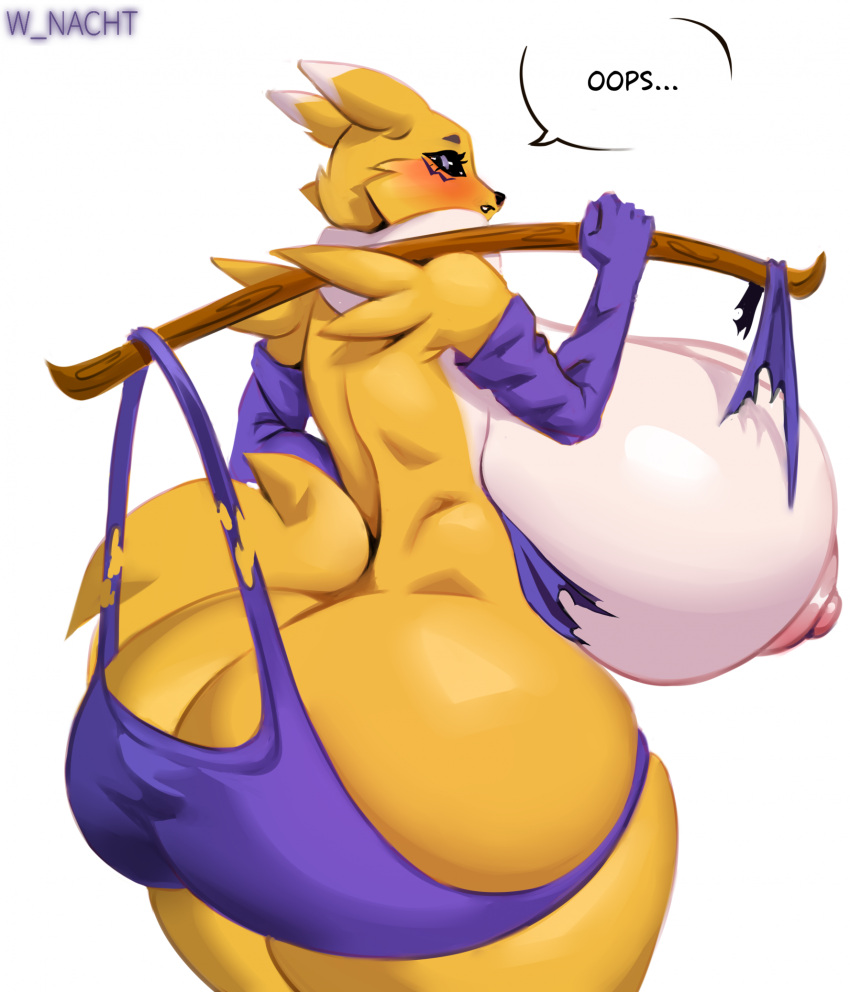 anthro bandai_namco big_breasts big_butt black_sclera blue_eyes breasts butt canid canine clothing digimon digimon_(species) female fur hi_res huge_breasts huge_butt looking_at_viewer looking_back mammal nipples rear_view renamon simple_background solo tail white_body white_fur winter_nacht yellow_body yellow_fur