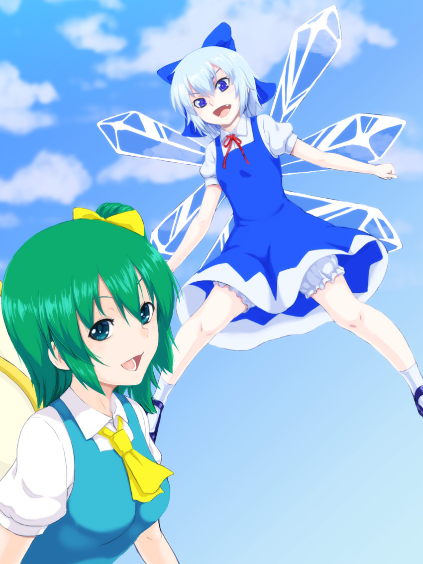 2girls ascot black_footwear bloomers blue_bow blue_dress blue_eyes blue_hair blue_sky bow cirno cloud collared_shirt commentary daiyousei dress green_eyes green_hair hair_bow highres ice ice_wings kakone looking_at_viewer multiple_girls outdoors shirt short_sleeves sky socks touhou undershirt white_shirt white_socks wings yellow_ascot