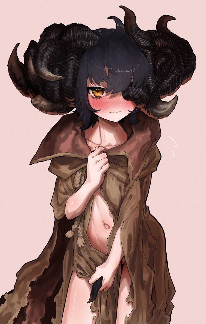 1girl absurdres black_hair blush borrowed_clothes cape covering_breasts covering_privates ekrea_jan elden_ring genderswap genderswap_(mtf) highres horns mohg_lord_of_blood multiple_horns naked_cape navel simple_background solo yellow_eyes