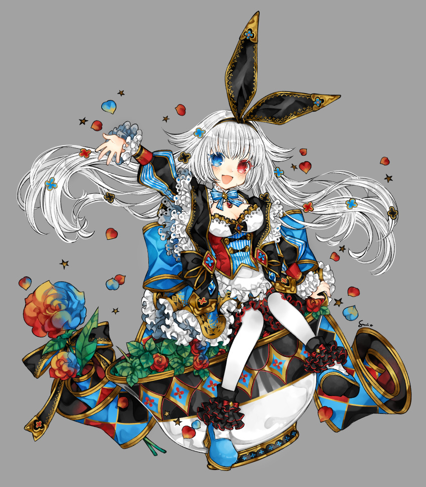 1girl :d absurdres arm_up black_hairband blue_eyes blue_flower blue_footwear blue_rose bow bowtie breasts cleavage colored_eyelashes corset floating_hair flower frilled_sleeves frills full_body grey_background hair_ornament hairband heterochromia highres leaf long_hair long_sleeves looking_at_viewer medium_breasts multicolored_flower open_mouth original pantyhose petals puffy_long_sleeves puffy_sleeves red_eyes red_flower red_rose rose rose_petals shoes simple_background sitting smile solo star_(symbol) striped_bow striped_bowtie striped_clothes sumisu_(rinsumi) very_long_hair white_hair white_pantyhose yellow_flower yellow_rose