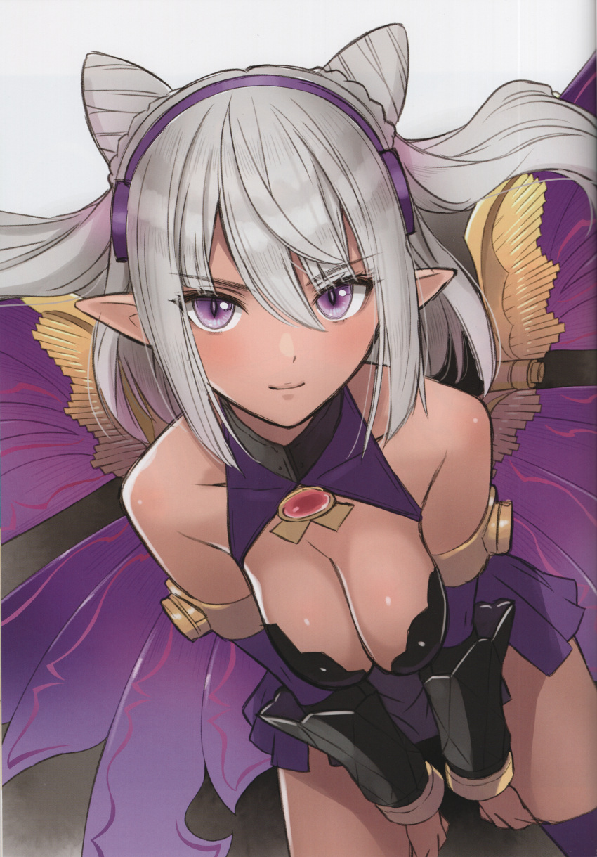 1girl absurdres bare_shoulders breasts cleavage cleavage_cutout closed_mouth clothing_cutout covered_collarbone dark-skinned_female dark_skin double_bun elf grey_hair guilty_princess hair_bun hairband highres long_hair looking_at_viewer mechanical_wings medium_breasts pointy_ears purple_eyes scan shiny_skin simple_background sleeveless smile solo tony_taka wings