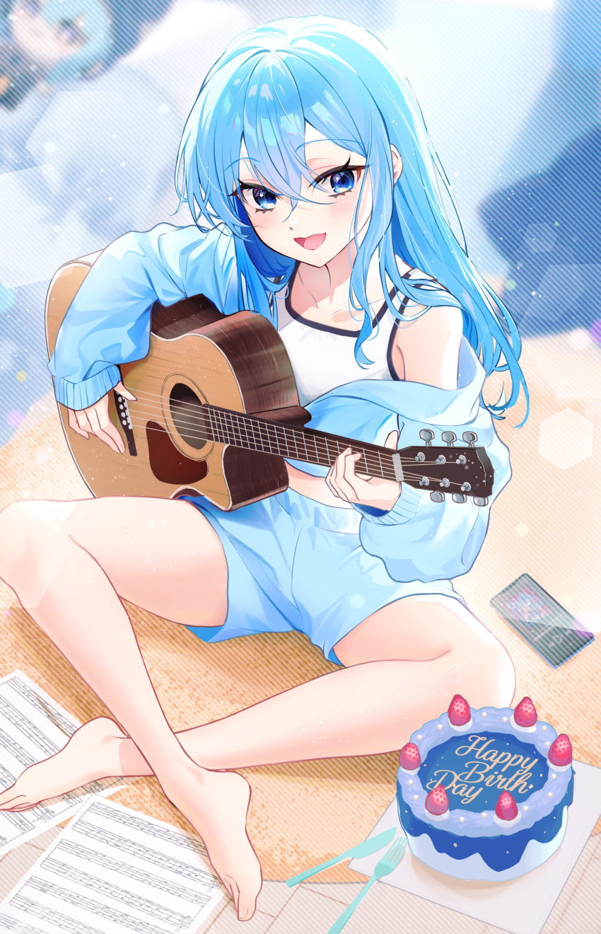 1girl :d acoustic_guitar akaike bare_shoulders barefoot birthday blue_eyes blue_hair blue_shorts blurry blurry_background blush cake cellphone collarbone commentary_request cropped_jacket crossed_ankles crossed_bangs eyelashes feet food fork fruit guitar hair_between_eyes happy_birthday highres holding holding_guitar holding_instrument hololive hoshimachi_suisei instrument jacket kitchen_knife knife lens_flare light_particles long_hair long_sleeves looking_at_viewer music off_shoulder open_clothes open_jacket open_mouth paper phone playing_instrument puffy_long_sleeves puffy_sleeves sheet_music short_shorts shorts sidelocks sitting sleeves_past_wrists smartphone smile solo star_(symbol) star_in_eye strawberry symbol_in_eye virtual_youtuber