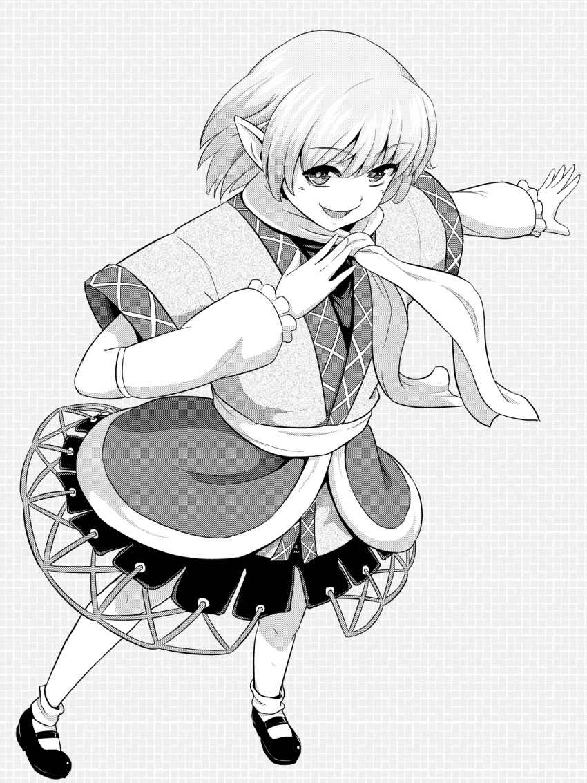 1girl arm_warmers commentary_request full_body greyscale highres kakone looking_at_viewer mizuhashi_parsee monochrome pointy_ears scarf shoes short_sleeves skirt socks solo touhou