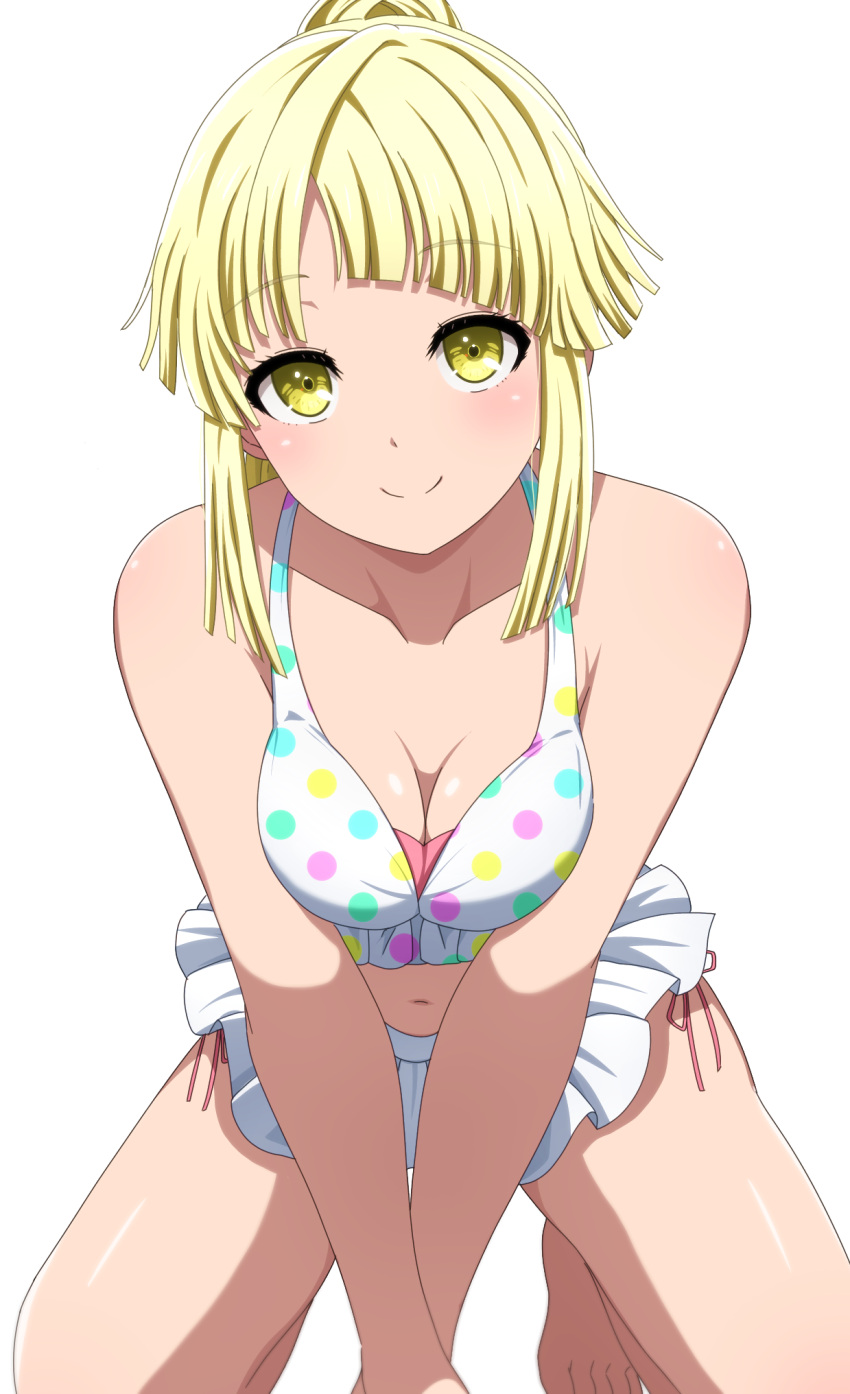 1girl bang_dream! bare_arms bare_legs bare_shoulders barefoot bikini bikini_skirt blonde_hair blush breasts breasts_squeezed_together cleavage closed_mouth collarbone commentary_request diagonal_bangs feet_out_of_frame frilled_bikini frills halterneck high_ponytail highres kneeling leaning_forward long_hair looking_at_viewer medium_breasts navel noshimurin official_alternate_costume official_alternate_hairstyle polka_dot polka_dot_bikini ponytail side-tie_bikini_bottom simple_background smile solo stomach swimsuit tsurumaki_kokoro v_arms white_background white_bikini yellow_eyes