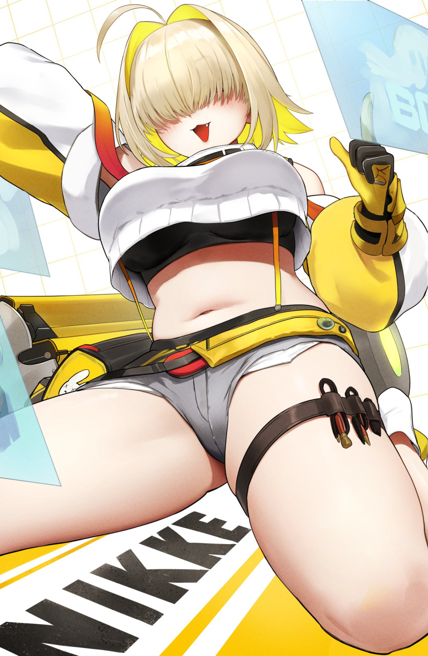 1girl :d absurdres ahoge black_gloves black_sports_bra blonde_hair blush breasts clothing_cutout crop_top crop_top_overhang cropped_sweater elegg_(nikke) exposed_pocket gloves goddess_of_victory:_nikke grey_shorts hair_intakes hair_over_eyes highres kurofuti large_breasts long_bangs long_sleeves micro_shorts multicolored_clothes multicolored_gloves multicolored_hair navel open_mouth short_hair shorts shoulder_cutout smile solo sports_bra suspender_shorts suspenders thigh_strap thighs thumbs_up two-tone_hair yellow_gloves