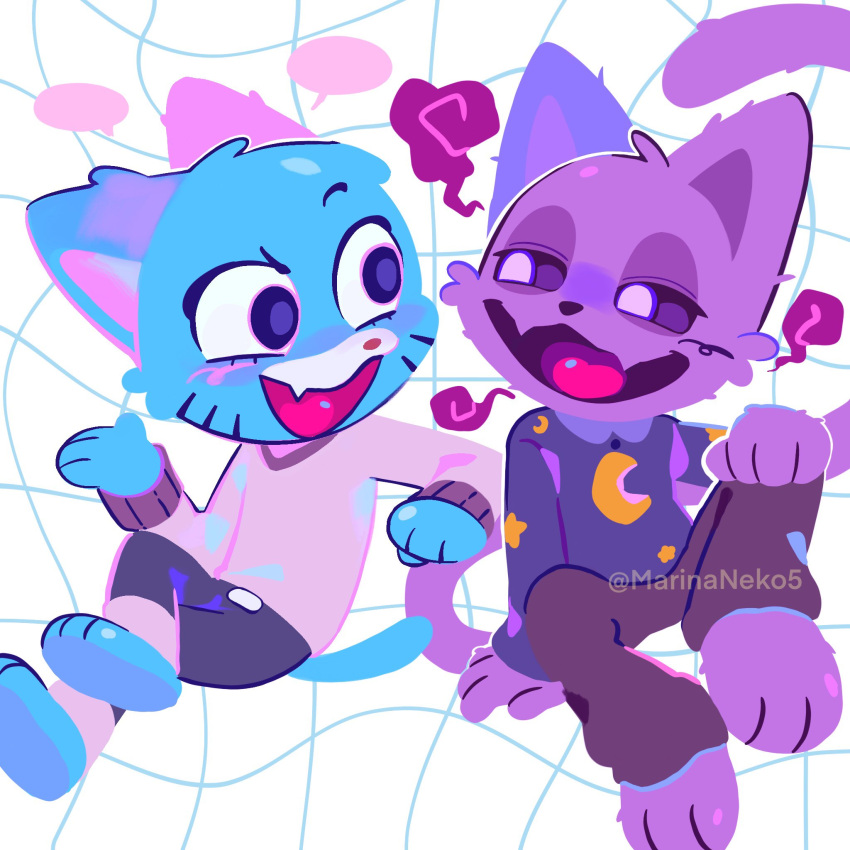anthro cartoon_network catnap_(poppy_playtime) clothed clothing crossed_legs crossover duo gumball_watterson hi_res looking_at_another male marinaneko open_mouth poppy_playtime sitting smiling_critters the_amazing_world_of_gumball tongue