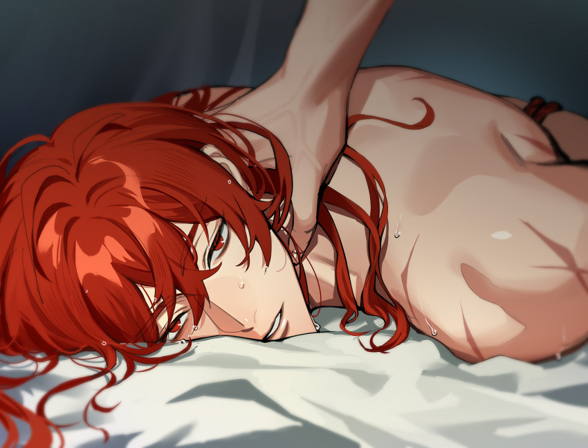 1boy arms_behind_back bed_sheet bound bound_wrists diluc_(genshin_impact) eriimyon extra_arms genshin_impact hair_between_eyes hand_on_another's_nape hand_on_another's_neck long_hair looking_at_viewer lying male_focus nude on_stomach parted_lips red_eyes red_hair scar scar_on_arm sweatdrop teeth