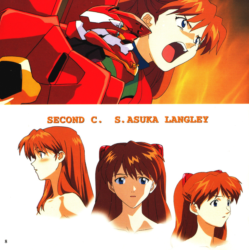 1990s_(style) absurdres blue_eyes blush breasts brown_hair eva_02 hair_ornament highres long_hair looking_at_viewer mecha neon_genesis_evangelion nude official_art plugsuit reference_sheet retro_artstyle robot scan souryuu_asuka_langley twintails