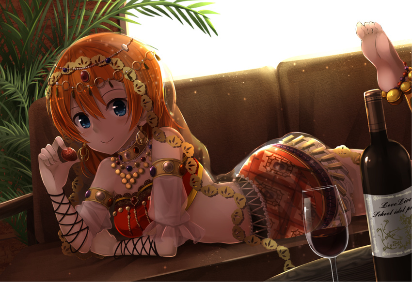 anklet armlet bangs bare_shoulders barefoot bead_necklace beads blue_eyes blush bottle circlet closed_mouth couch cup dancer detached_sleeves drinking_glass dutch_angle earrings feet food fringe_trim fruit gem hair_between_eyes harem_outfit holding holding_food holding_fruit indoors jewelry kousaka_honoka leg_up light_particles long_hair looking_at_viewer love_live! love_live!_school_idol_project lying midriff miniskirt necklace on_stomach orange_hair orein palm_tree red_skirt ring see-through skirt smile soles solo strawberry tree veil wine_bottle wine_glass