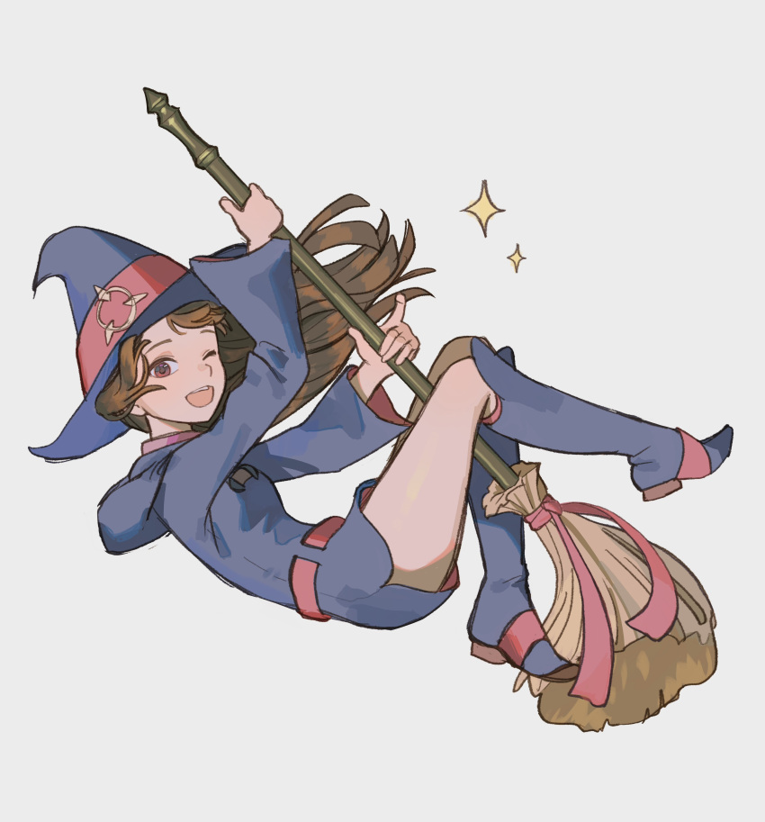 1girl absurdres boots broom broom_riding brown_eyes brown_hair diamond_(shape) dress english_commentary floating_hair grey_background hat highres holding holding_broom kagari_atsuko knee_boots little_witch_academia long_hair looking_to_the_side luna_nova_school_uniform one_eye_closed open_mouth purple_dress purple_footwear purple_hat red_ribbon ribbon school_uniform simple_background solo teeth upper_teeth_only witch witch_hat wonemie