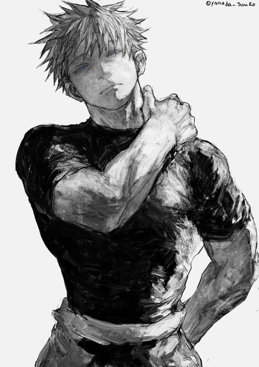 1boy belt blue_eyes closed_mouth cowboy_shot gojou_satoru greyscale hand_up highres jujutsu_kaisen kuwoniagyu11112 looking_at_viewer male_focus monochrome pants shirt short_hair short_sleeves simple_background solo spot_color standing twitter_username