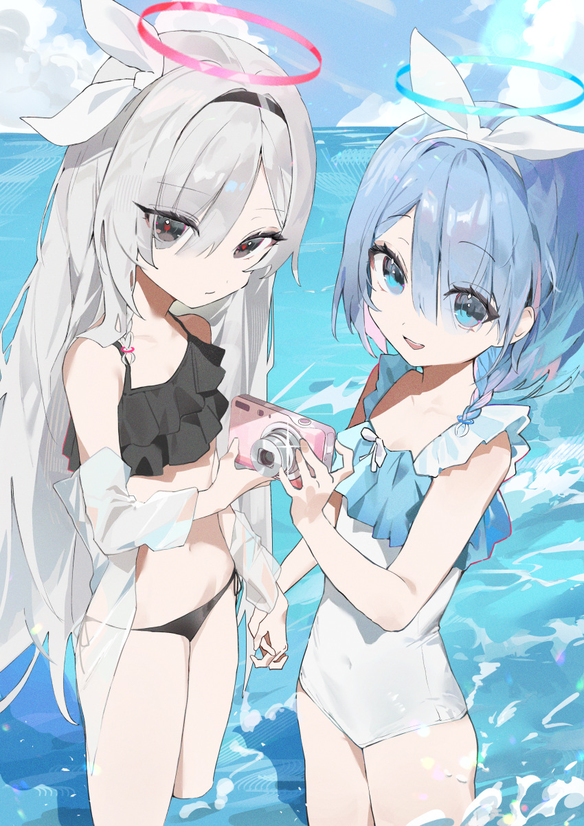 2girls absurdres arona_(blue_archive) bare_arms bare_legs bare_shoulders bikini black_bikini black_eyes black_hairband blue_archive blue_eyes blue_hair blue_halo braid breasts camera closed_mouth collarbone covered_navel day frilled_bikini frills grey_hair hairband halo highres holding holding_camera long_hair looking_at_viewer multiple_girls navel ocean one-piece_swimsuit open_mouth outdoors plana_(blue_archive) r_aeel red_halo short_hair single_braid small_breasts smile swimsuit wading white_one-piece_swimsuit