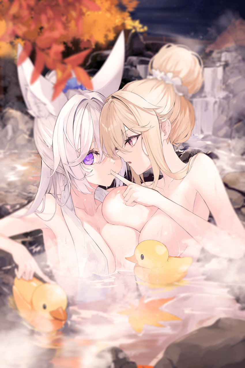 2girls absurdres animal_ears bare_arms bare_shoulders blonde_hair breasts commission copyright_request fox_ears highres kooemong large_breasts multiple_girls orange_eyes purple_eyes rubber_duck second-party_source white_hair yuri