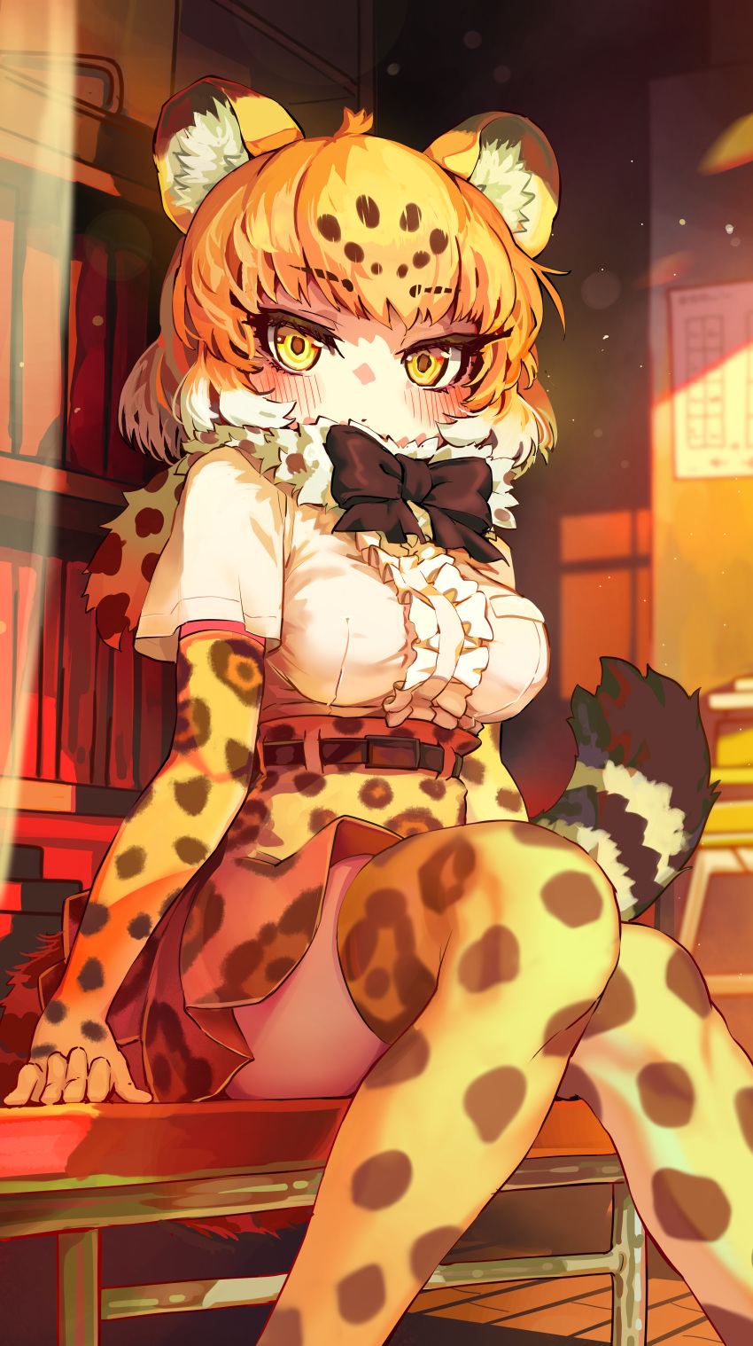 1girl :o absurdres animal_ear_fluff animal_ears animal_print arms_at_sides belt black_bow black_bowtie blonde_hair blush book bookshelf bow bowtie breasts brown_belt brown_hair center_frills dust elbow_gloves feet_out_of_frame frilled_shirt frills fur_scarf gloves hand_rest high-waist_skirt highres impossible_clothes impossible_shirt indoors jaguar_(kemono_friends) jaguar_ears jaguar_girl jaguar_print jaguar_tail kemono_friends knees_together_feet_apart looking_at_viewer medium_breasts medium_hair melaton miniskirt multicolored_hair parted_lips print_gloves print_scarf print_skirt print_thighhighs scarf shirt shirt_tucked_in short_sleeves sitting skirt solo striped_tail tail thighhighs white_hair white_shirt window_shadow yellow_eyes zettai_ryouiki