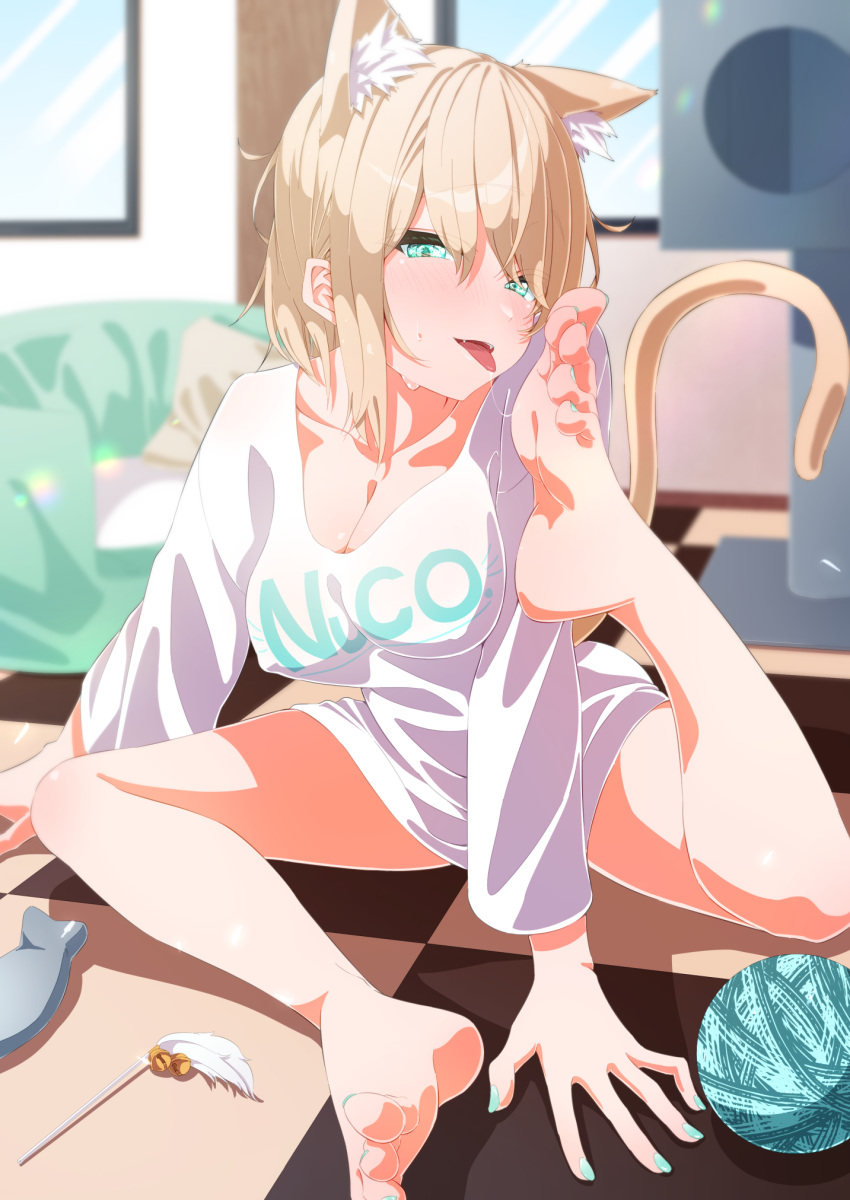1girl :p animal_ear_fluff animal_ears aqua_eyes aqua_nails bare_legs barefoot blonde_hair blurry blurry_background blush breasts cat's_cradle cat_ears cat_girl cat_tail cat_teaser checkered_floor cleavage clothes_writing collarbone couch extra_ears feet foot_focus full_body godai_01 highres indoors large_breasts long_sleeves looking_at_viewer nail_polish original pillow saliva saliva_trail shirt short_hair sidelocks sitting soles solo sweat tail toenail_polish toenails toes tongue tongue_out white_shirt window yarn yarn_ball