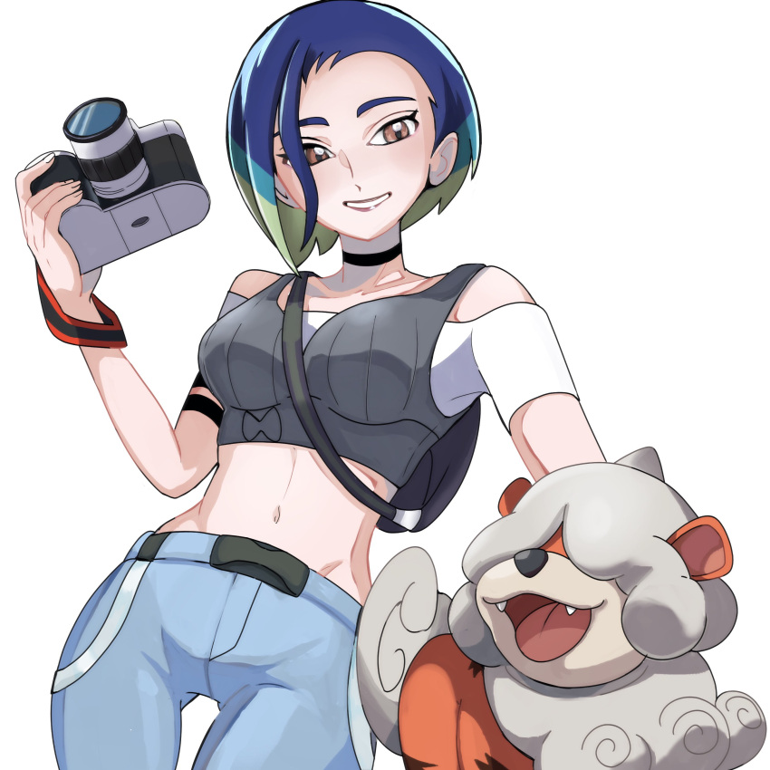 1girl absurdres armband ass_visible_through_thighs bare_shoulders between_breasts black_armband black_choker blue_hair bob_cut breasts brown_eyes camera choker collarbone crop_top denim dog gradient_hair grey_fur grey_shirt highres hisuian_growlithe holding holding_camera horns jeans kakino loose_hair_strand medium_breasts midriff multicolored_hair navel pants perrin_(pokemon) photographer pokemon pokemon_(creature) pokemon_sv red_fur ribbed_shirt shirt single_horn sleeveless sleeveless_shirt solo_focus strap_between_breasts two-tone_fur undershirt v-neck