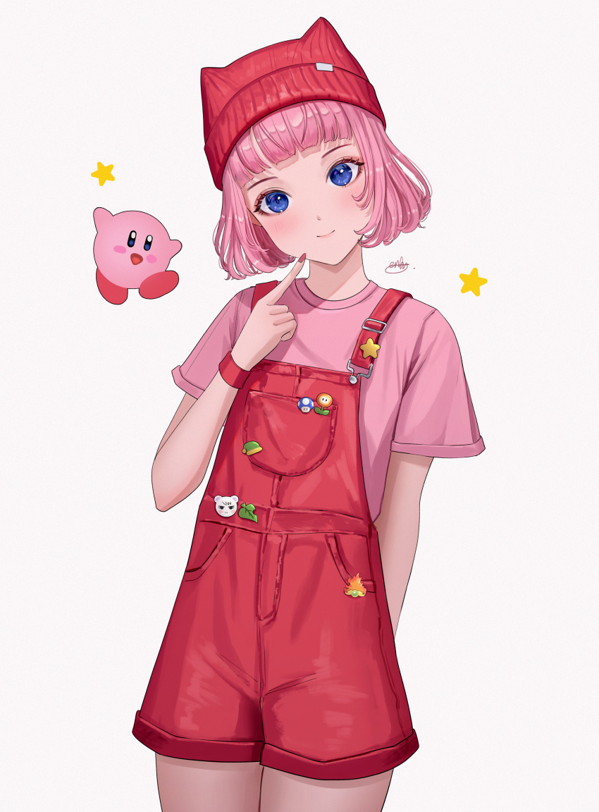 1girl absurdres aendi_en_d_endei animal_hat blue_eyes blunt_bangs blush bob_cut child colored_eyelashes finger_to_own_chin hat highres kirby kirby's_dream_land kirby_(series) looking_at_viewer nail_polish personification pink_hair pink_shirt shirt short_hair shorts signature smile standing star_(symbol) suspender_shorts suspenders t-shirt upper_body white_background