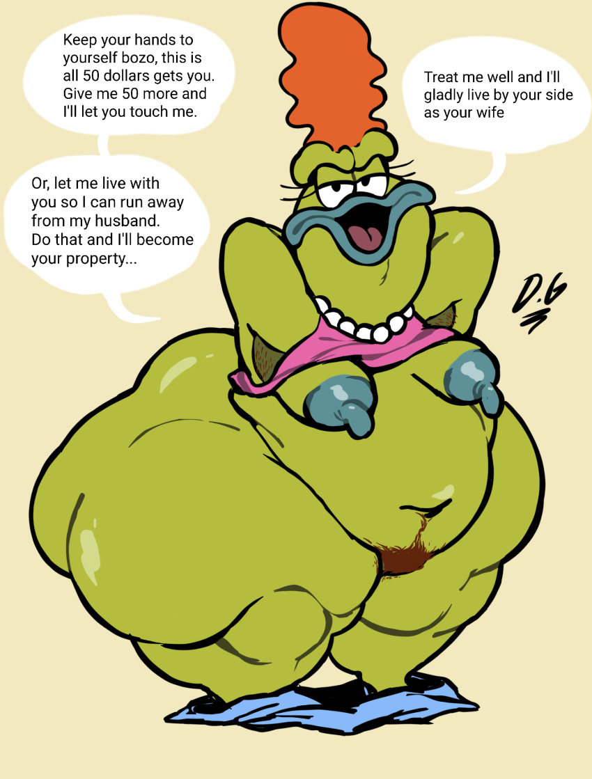 amphibian angry_eyes annoyed anthro armpit_hair bev_bighead big_butt body_hair butt dialogue dickergazer english_text female frog hi_res huge_butt mature_anthro mature_female nickelodeon overweight overweight_anthro overweight_female pubes rocko's_modern_life solo solo_focus speech_bubble text thick_thighs toad_(frog)