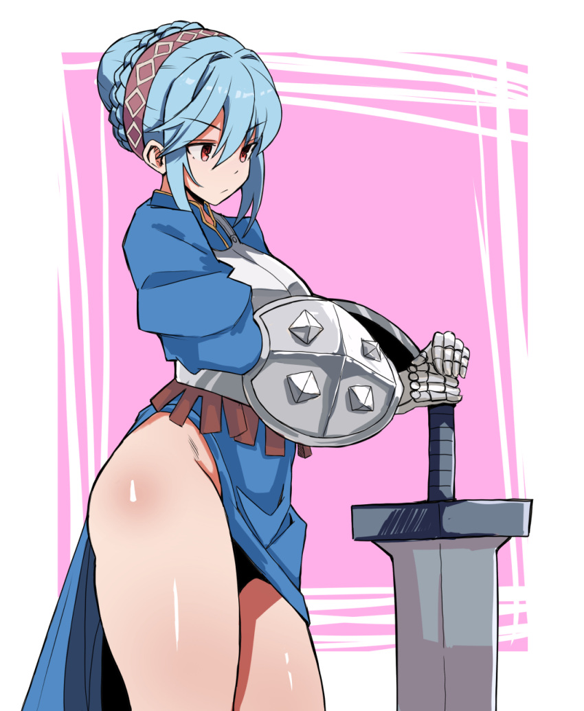 1girl arm_shield armor bare_legs blue_hair braid braided_bun breastplate breasts brown_hairband buckler closed_mouth dress hair_between_eyes hair_bun hair_intakes hairband highres juliet_sleeves large_breasts long_hair long_sleeves puffy_sleeves red_eyes rein_(rafael_3682) shield sidelocks standing thighs unicorn_overlord virginia_(unicorn_overlord)