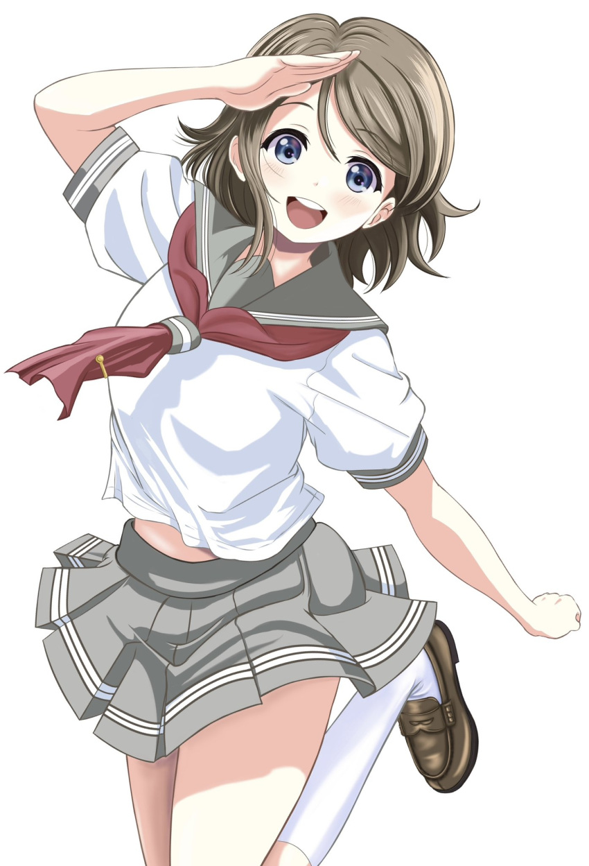 1girl blue_eyes blush brown_hair highres love_live! love_live!_sunshine!! midriff necktie salute school_uniform serafuku shoes short_hair simple_background skirt smile solo thighs watanabe_you zaofeng