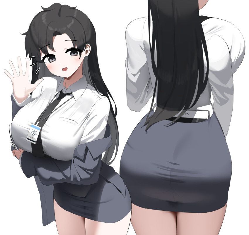 1girl :d absurdres arm_under_breasts ass black_eyes black_hair black_necktie blazer blue_archive blue_archive_the_animation blush breasts collared_shirt cowboy_shot crotch_outline curvy female_sensei_(blue_archive) from_behind genderswap genderswap_(mtf) grey_jacket highres huge_breasts impossible_clothes impossible_shirt jacket jacket_partially_removed lanyard long_hair long_sleeves looking_at_viewer miniskirt motion_lines multiple_views necktie nicorima notice_lines object_in_clothes open_hand open_mouth parted_bangs pencil_skirt sensei_(blue_archive) sensei_(blue_archive_the_animation) shirt simple_background skirt smile tablet_pc tight_clothes waving white_background white_shirt