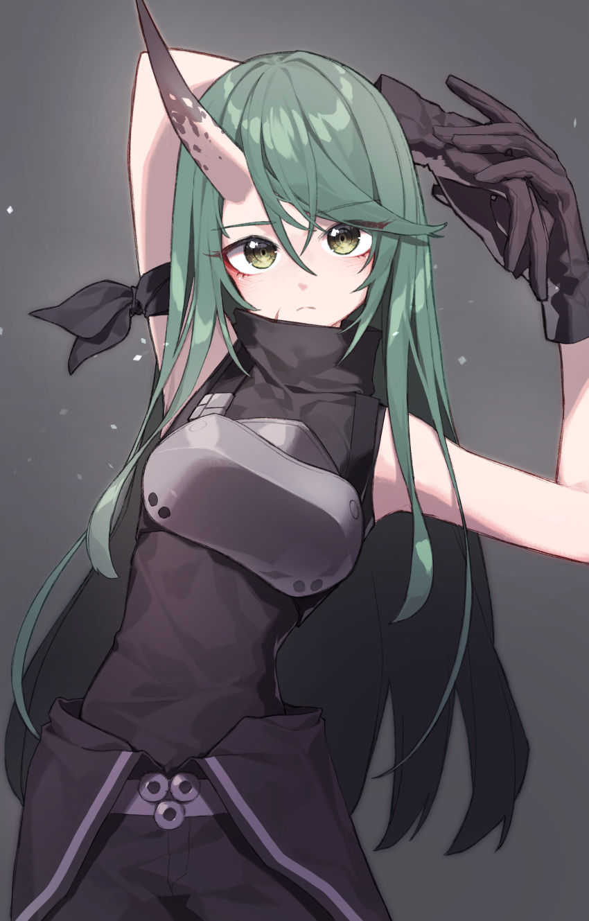 1girl absurdres arknights armor arms_up bare_shoulders beudelb black_gloves black_pants black_shirt breastplate closed_mouth cowboy_shot expressionless gloves green_eyes green_hair grey_background grey_horns high_collar highres horns hoshiguma_(arknights) leaning_to_the_side long_hair looking_at_viewer pants shirt skinny sleeveless sleeveless_shirt solo standing