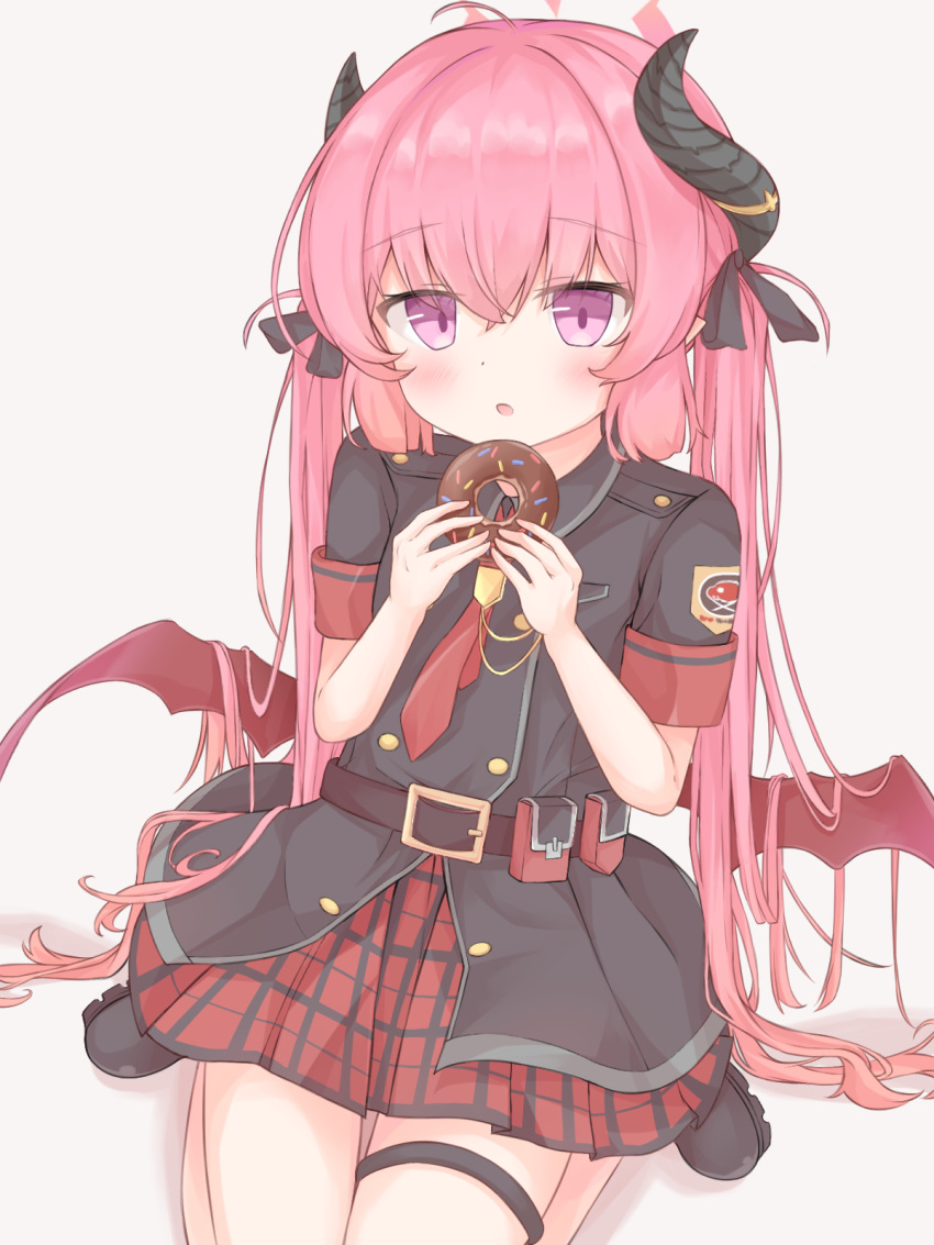 1girl belt belt_pouch black_bow black_footwear black_shirt blue_archive blush bow collared_shirt demon_horns doughnut enim food grey_background hair_between_eyes hair_bow halo highres holding holding_food horns junko_(blue_archive) long_hair looking_at_viewer low_wings necktie open_mouth pink_hair plaid plaid_skirt pleated_skirt pointy_ears pouch purple_eyes red_necktie shirt short_sleeves simple_background sitting skirt solo twintails wings