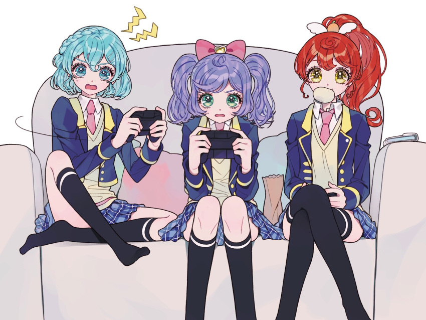 3girls aged_up ahoge ao_(ao0_0nemu) bad_id bad_twitter_id bag baozi black_thighhighs blue_eyes blue_hair blue_jacket blue_skirt bow collared_shirt concentrating couch cropped_jacket crossed_ankles crossed_legs dorothy_west feet_out_of_frame food full_body green_eyes hair_bow hands_up highres jacket kneehighs long_hair long_sleeves looking_at_viewer manaka_laala manaka_laala_(young) miniskirt mouth_hold multiple_girls necktie no_shoes on_couch open_mouth paper_bag paprika_private_academy_school_uniform pillow pink_bow pink_necktie plaid plaid_skirt playing_games pleated_skirt ponytail pretty_series pripara purple_hair red_hair school_uniform shiratama_mikan shirt short_hair sitting skirt socks thighhighs twintails vest wavy_mouth white_background white_shirt yellow_eyes yellow_vest