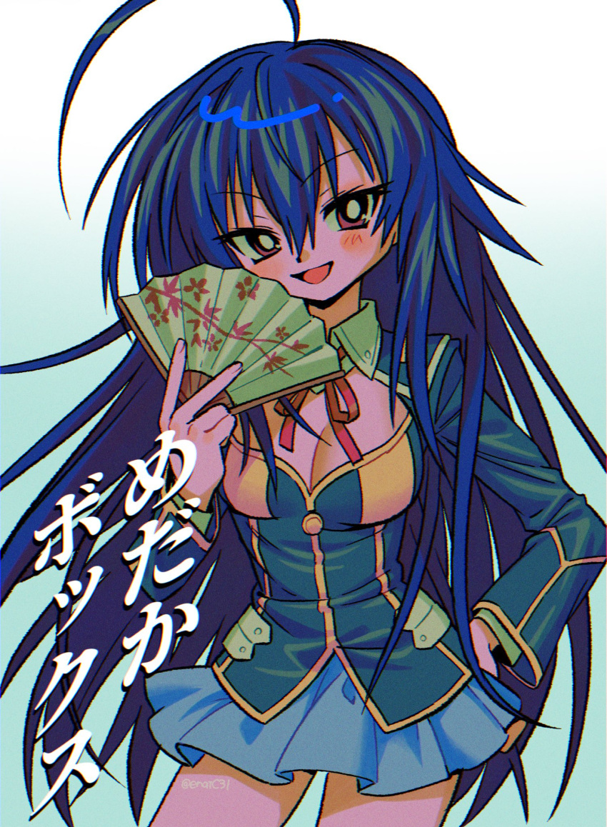 1girl ahoge blue_background blue_hair blue_skirt blush_stickers bright_pupils cleavage_cutout clothing_cutout contrapposto cowboy_shot dot_nose folding_fan gradient_background hair_between_eyes hand_fan hand_on_own_hip head_tilt highres holding holding_fan huge_ahoge kurokami_medaka legs_apart long_hair long_sleeves medaka_box menma_(enaic31) open_mouth red_eyes red_ribbon ribbon skirt smile solo standing translation_request tsurime twitter_username white_background white_pupils