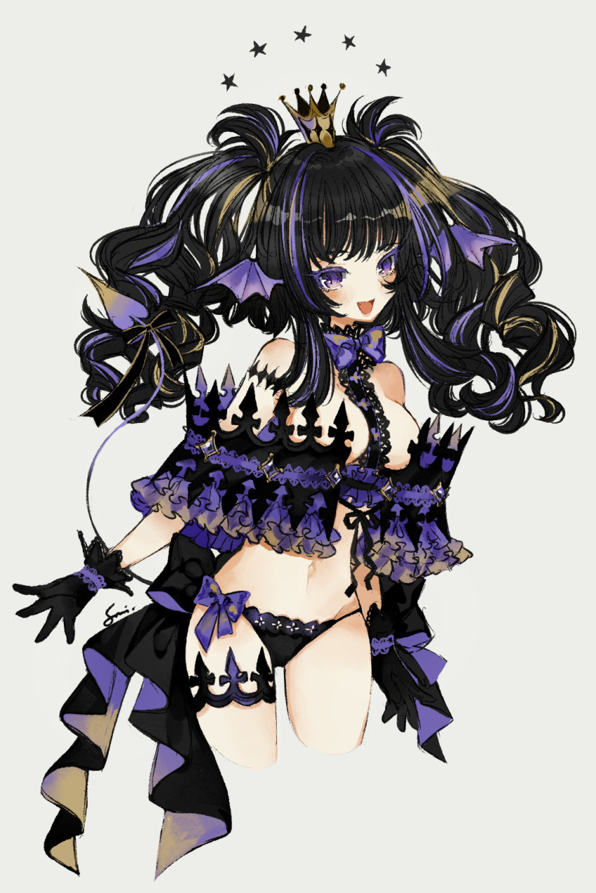 1girl :d bare_shoulders bat_wings big_hair black_gloves black_hair black_panties blonde_hair bow bow_panties bowtie breasts colored_eyelashes crown demon_girl demon_tail fang gloves head_wings highres lace-trimmed_gloves lace_trim long_hair medium_breasts mini_crown multicolored_hair navel open_mouth original panties purple_bow purple_bowtie purple_eyes purple_hair purple_wings ribbon simple_background smile solo star_(symbol) streaked_hair sumisu_(rinsumi) tail tail_ornament tail_raised tail_ribbon twintails underwear white_background wings