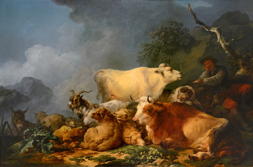 1767 18th_century absurd_res amazing_background ambiguous_gender ancient_art asinus blue_sky bovid bovine brown_body brown_fur canid canine canis caprine cattle cloud detailed detailed_background domestic_dog donkey equid equine feral fur goat grass group hi_res human lying male mammal orange_body orange_fur painting_(artwork) philip_james_de_loutherbourg plant realistic sheep sitting sky tan_body tan_fur traditional_media_(artwork) white_body white_fur