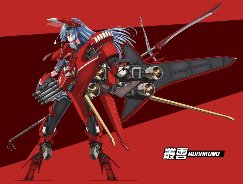 akatsuki_akane alternate_costume bangs black_gloves black_legwear blue_hair blunt_bangs character_name closed_mouth cloud_breaker_01 commentary_request crossover fingerless_gloves floating_hair from_behind full_body gloves headgear kantai_collection long_hair looking_at_viewer looking_to_the_side machinery mecha_musume murakumo:_renegade_mech_pursuit murakumo_(kantai_collection) namesake pantyhose polearm profile propeller short_sleeves sideways_glance skirt solo spear torpedo turret visor weapon white_skirt yellow_eyes