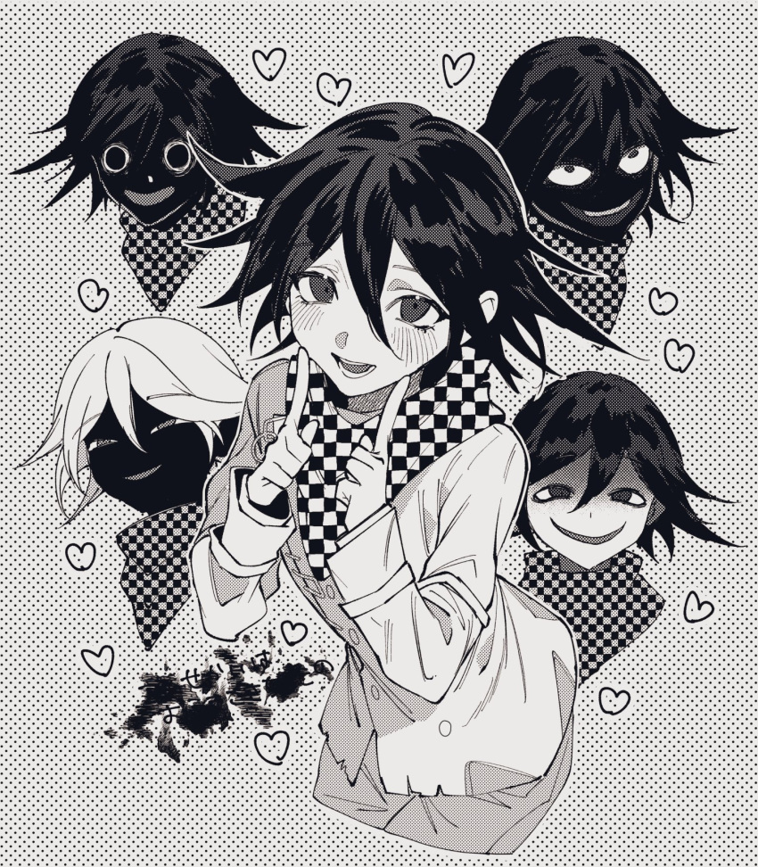 1boy black_hair blush checkered_clothes checkered_scarf commentary_request danganronpa_(series) danganronpa_v3:_killing_harmony evil_smile expressions eyelashes grey_background greyscale hair_between_eyes heart highres inverted_colors long_sleeves looking_at_viewer male_focus monochrome narrowed_eyes oma_kokichi open_mouth outline polka_dot polka_dot_background san_nohe_(mito) scarf short_hair smile straitjacket translation_request upper_body white_outline