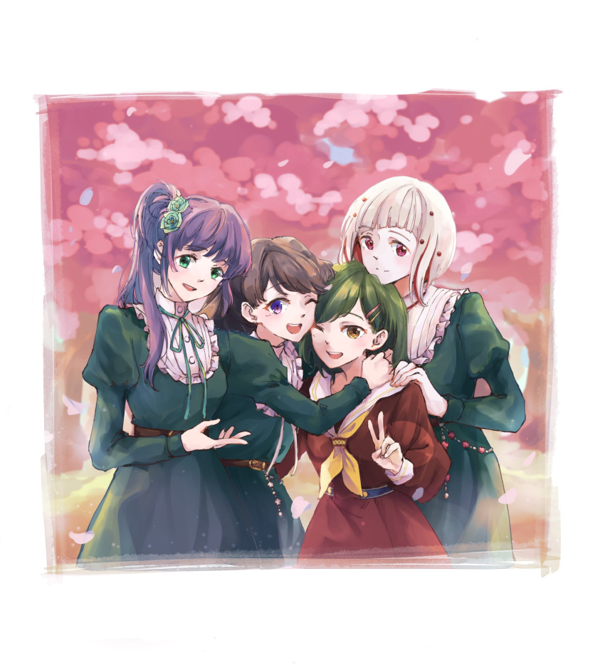 4girls :d ;d arm_around_neck belt blurry blurry_background border brown_belt brown_dress brown_eyes brown_hair cherry_blossoms closed_mouth collared_dress colored_inner_hair commentary dakishimeru_hanabira_(love_live!) diagonal_bangs dress falling_petals flower fujishima_megumi green_dress green_flower green_hair green_ribbon green_rose grey_ribbon group_picture hair_bun hair_flower hair_ornament hairclip hand_on_another's_shoulder hasu_no_sora_school_uniform highres hug juliet_sleeves l9525 link!_like!_love_live! long_hair long_sleeves looking_at_viewer love_live! multicolored_hair multiple_girls neck_ribbon neckerchief one_eye_closed oogami_sachi open_mouth otomune_kozue petals pink_petals pleated_dress puffy_sleeves purple_eyes purple_hair red_eyes red_hair red_ribbon ribbon rose sailor_collar sailor_dress school_uniform short_hair side_ponytail sidelocks single_side_bun smile straight_hair streaked_hair swept_bangs symbol-only_commentary teeth upper_teeth_only v virtual_youtuber white_border white_hair white_sailor_collar winter_uniform yellow_neckerchief yugiri_tsuzuri