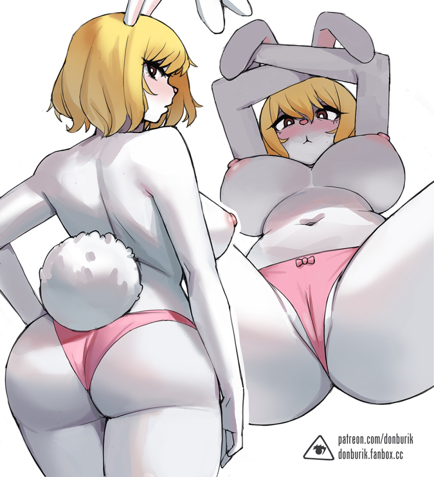 1girl animal_ears arm_at_side arms_up artist_logo ass blonde_hair blush bow bow_panties breasts bright_pupils brown_eyes cameltoe carrot_(one_piece) closed_mouth colored_skin commentary donburi_(donburikazoku) english_commentary fanbox_username from_behind from_below furry furry_female hair_between_eyes hand_on_own_hip highres large_breasts looking_at_viewer looking_back multiple_views navel nipples nose_blush one_piece panties parted_lips patreon_username pink_panties rabbit_ears rabbit_girl rabbit_nose rabbit_tail simple_background spread_legs tail thick_thighs thighs topless underwear underwear_only web_address white_pupils white_skin