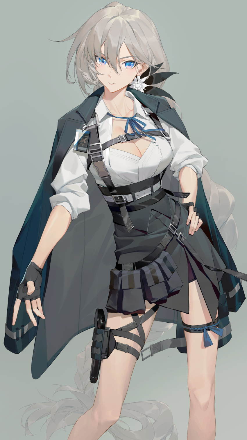 absurdres apc556_(girls'_frontline) black_gloves black_jacket black_skirt blue_eyes blue_ribbon braid breasts cleavage commission cowboy_shot fingerless_gloves flower girls'_frontline gloves grey_background grey_hair gun hair_flower hair_ornament hand_on_own_hip handgun highres holster holstered jacket jacket_on_shoulders long_braid long_hair looking_at_viewer parted_lips pixiv_commission pouch ren_huozhe ribbon shirt simple_background skirt thigh_holster thigh_strap very_long_hair weapon white_shirt