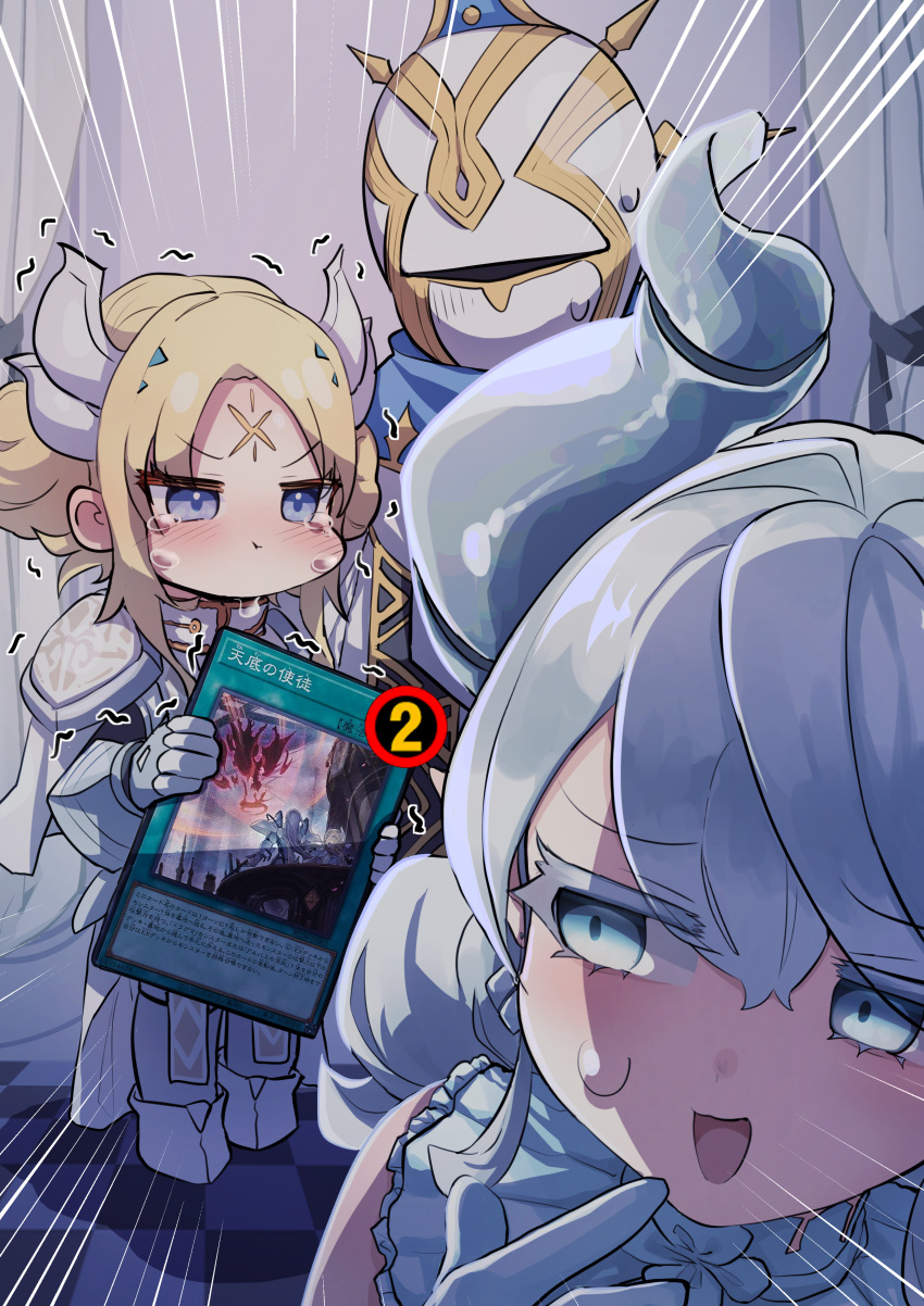 1boy 2girls absurdres armor blonde_hair blush c_civciv card chibi demon_girl demon_horns dogmatika_ecclesia_the_virtuous dogmatika_maximus drill_hair earrings ecclesia_(yu-gi-oh!) gloves grey_eyes grey_hair highres horns jewelry lovely_labrynth_of_the_silver_castle medium_hair multiple_girls pointy_ears pout short_hair shoulder_armor sweatdrop tears twin_drills white_armor white_gloves yu-gi-oh! yu-gi-oh!_master_duel